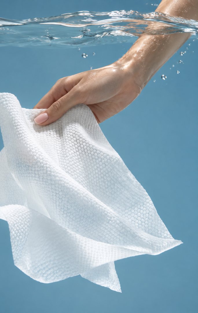 Hand lifting a cotton towel through water